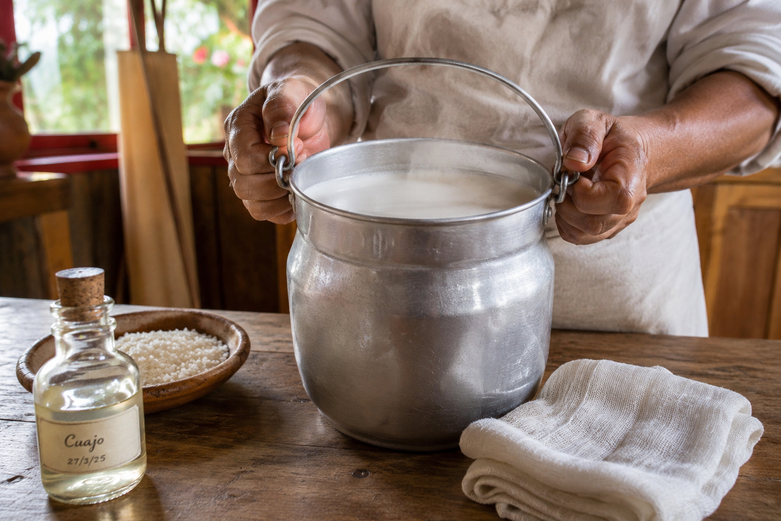 Leche fresca del ordeño con cuajo y sal sobre una mesa de madera