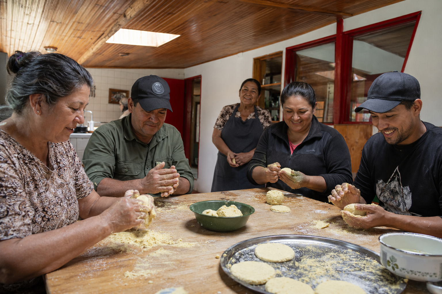 Lola y huéspedes amasando arepas de maíz en la mesa de la cocina campesina