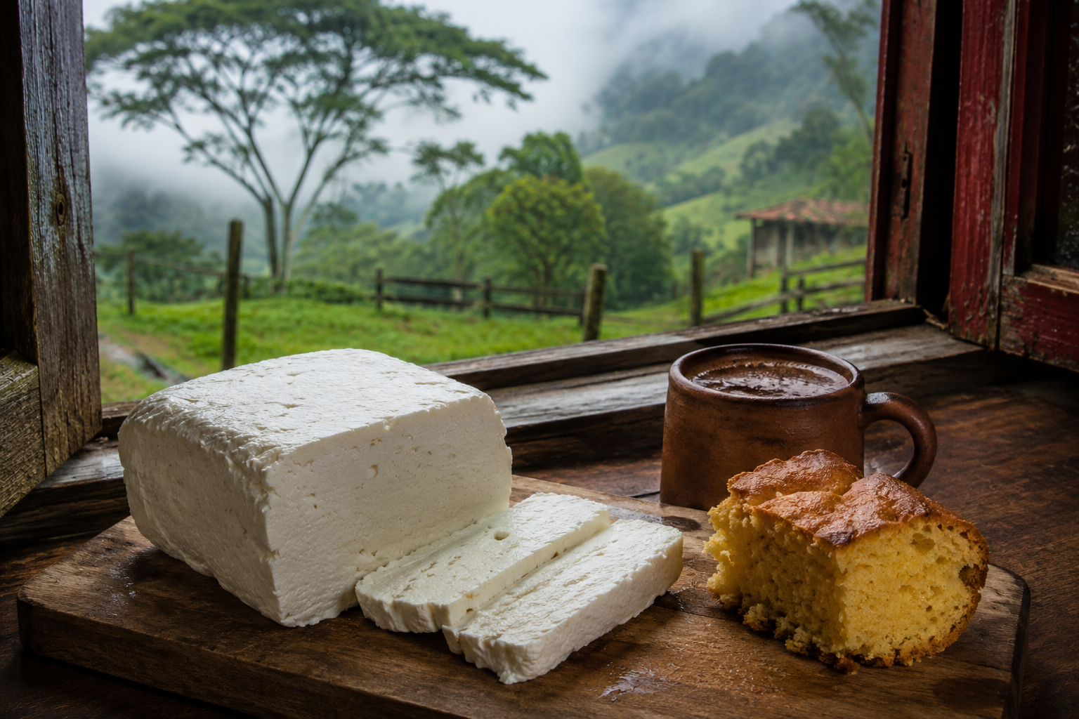 Bloque de queso campesino fresco con pan de maíz y chocolate frente a la ventana de la finca